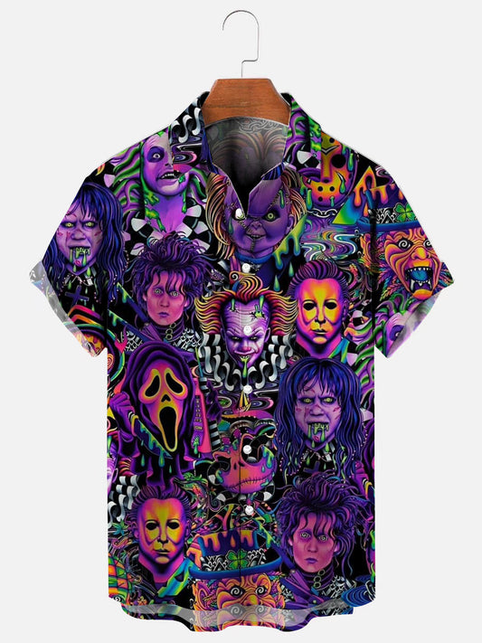 Men's Halloween Horror Movie Print Hawaiian Short Sleeve Shirt