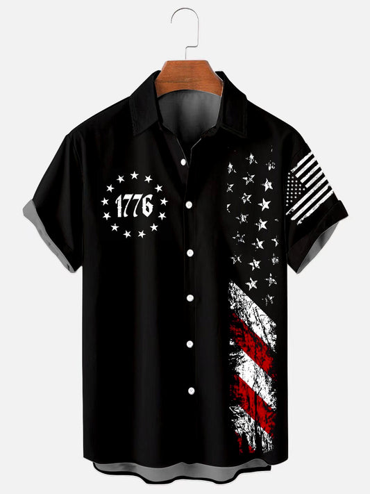 Men's Vintage American Flag Independence Day Colorblock Print Casual Short Sleeve Shirt