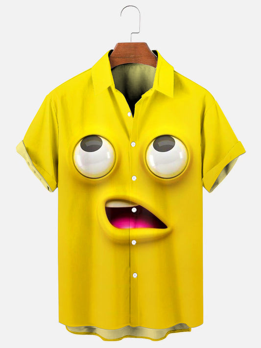 Men's Funny Cartoon Face Printed Casual Short Sleeve Shirt