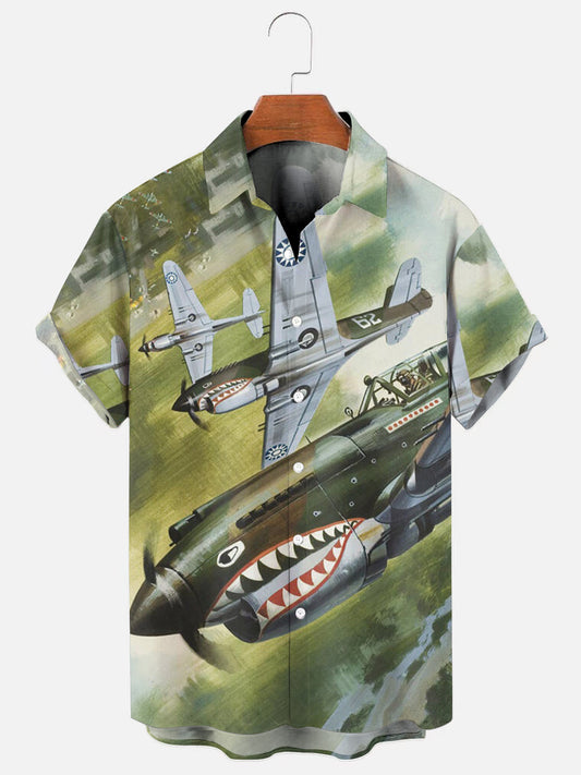 Men's Retro WWII Airplane Art Print Hawaiian Short Sleeve Shirt