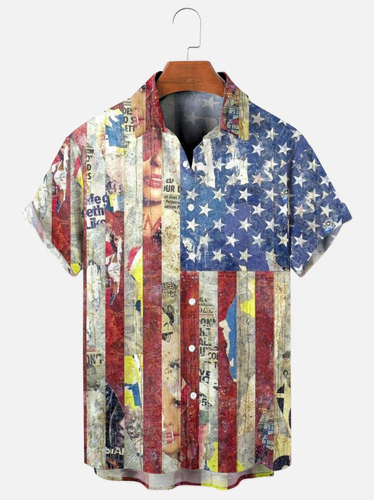 Men's American Flag Character Art Print Holiday Short Sleeve Shirt