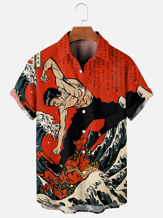 Men's Ukiyo-e Kung Fu Art Print Hawaiian Pocket Short Sleeve Shirt