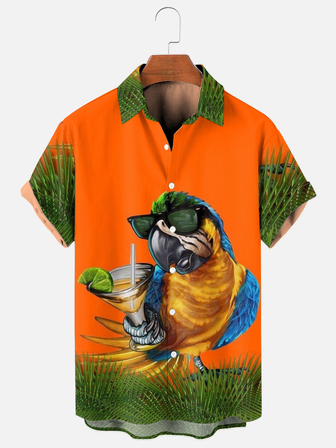 Blue Macaw Cocktail Print Casual Vacation Short Sleeve Shirt