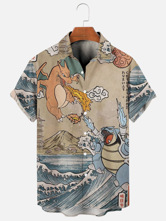 Men's Fire Breathing Dragon and Blastoise Ukiyo-e Style Print Hawaiian Short Sleeve Pocket Shirt