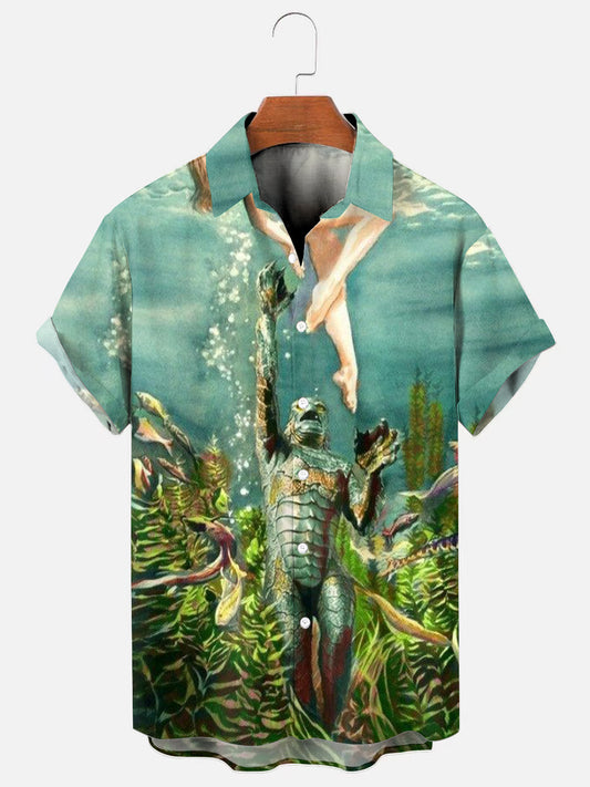 Men's Retro Horror Movie Print Hawaiian Short Sleeve Shirt