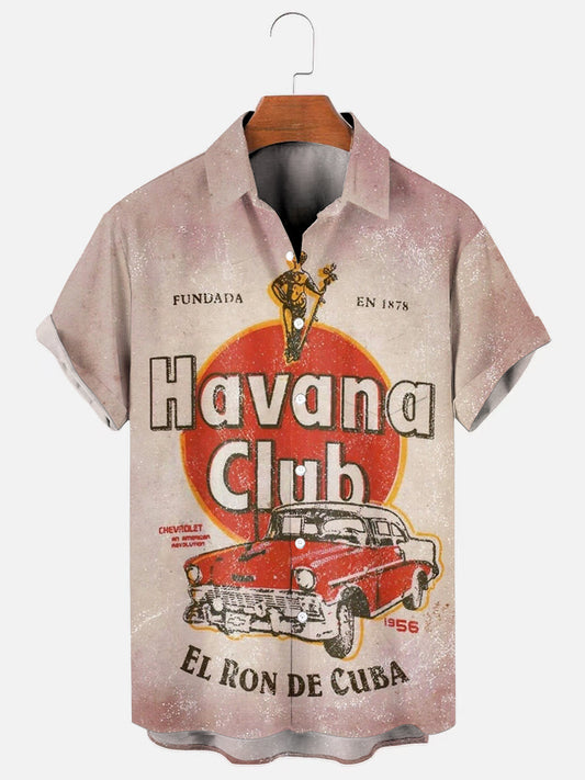 Men's Vintage Rum Club Pattern Print Hawaiian Short Sleeve Pocket Shirt