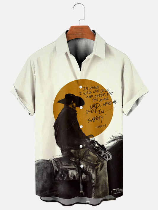 Men's Denim Bible Art Print Hawaiian Short Sleeve Pocket Shirt