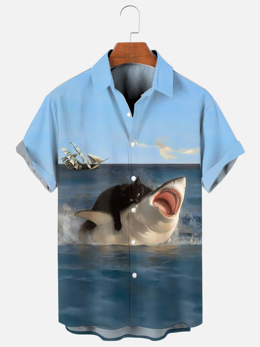 Fat Cat Vs. Shark Funny Print Hawaiian Short Sleeve Shirt