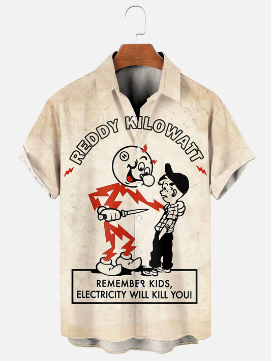 Men's Vintage Reddy Kilowatt Poster Print Casual Short Sleeve Pocket Shirt
