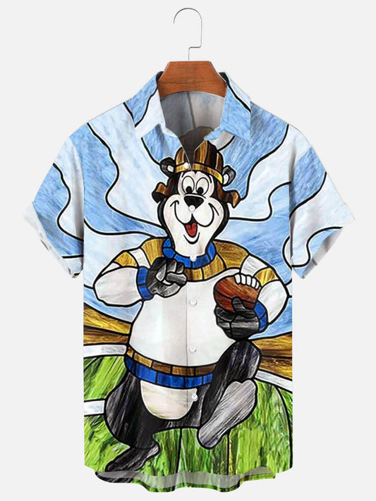 Men's Retro Cartoon Rugby Bear Stained Glass Print Hawaiian Short Sleeve Shirt