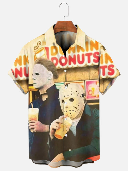 Men's Vintage Halloween Horror Movie Character Print Holiday Short Sleeve Shirt