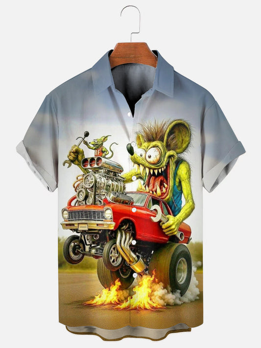 Men's Vintage Car Mouse Cartoon Print Hawaiian Chest Pocket Short Sleeve Shirt