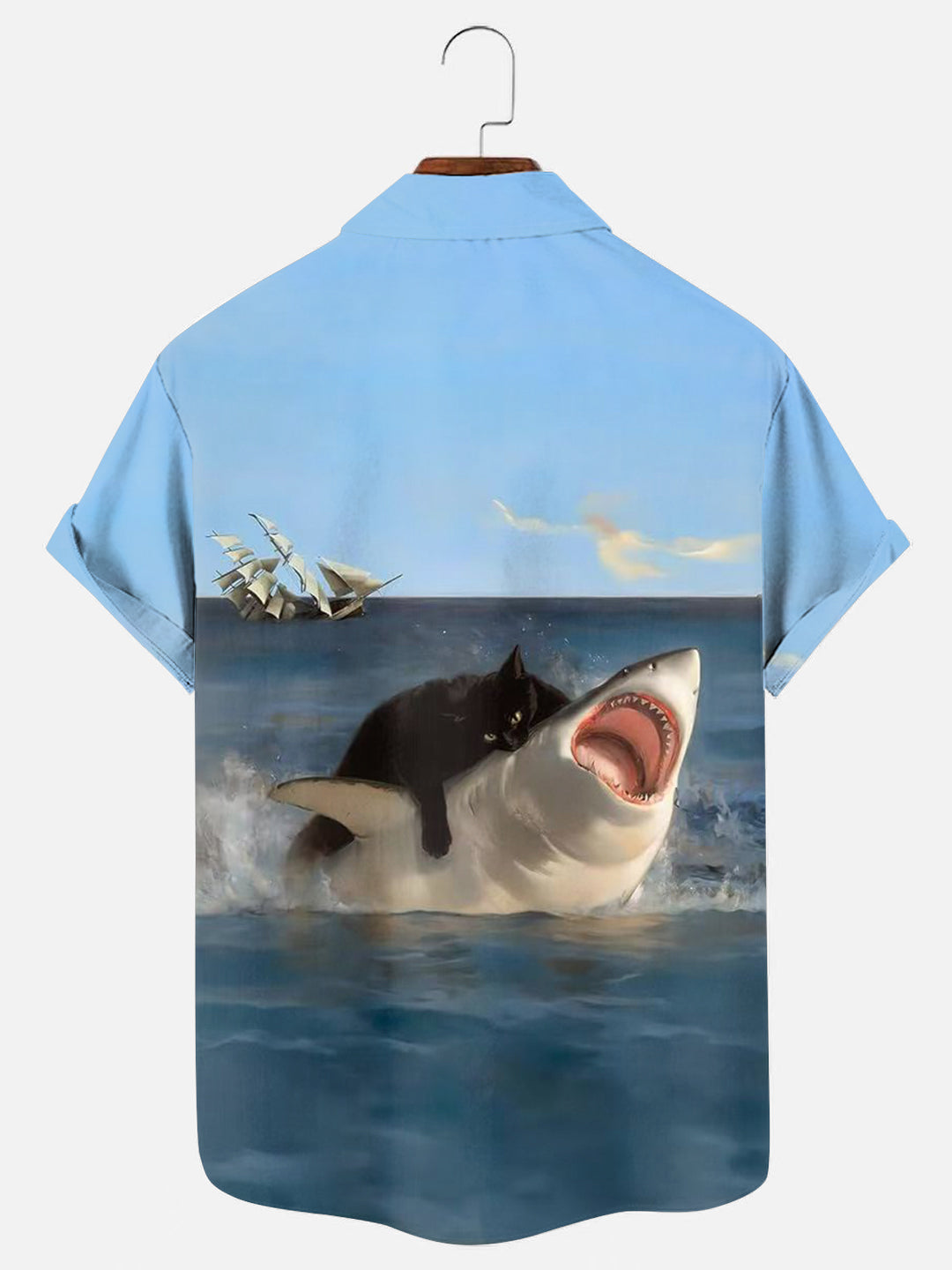 Fat Cat Vs. Shark Funny Print Hawaiian Short Sleeve Shirt