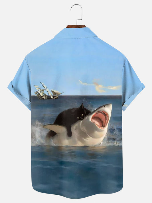 Fat Cat Vs. Shark Funny Print Hawaiian Short Sleeve Shirt