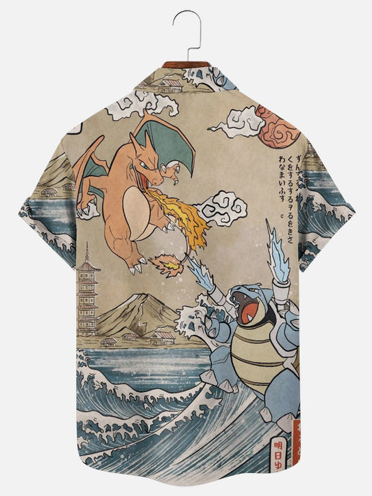 Men's Fire Breathing Dragon and Blastoise Ukiyo-e Style Print Hawaiian Short Sleeve Pocket Shirt