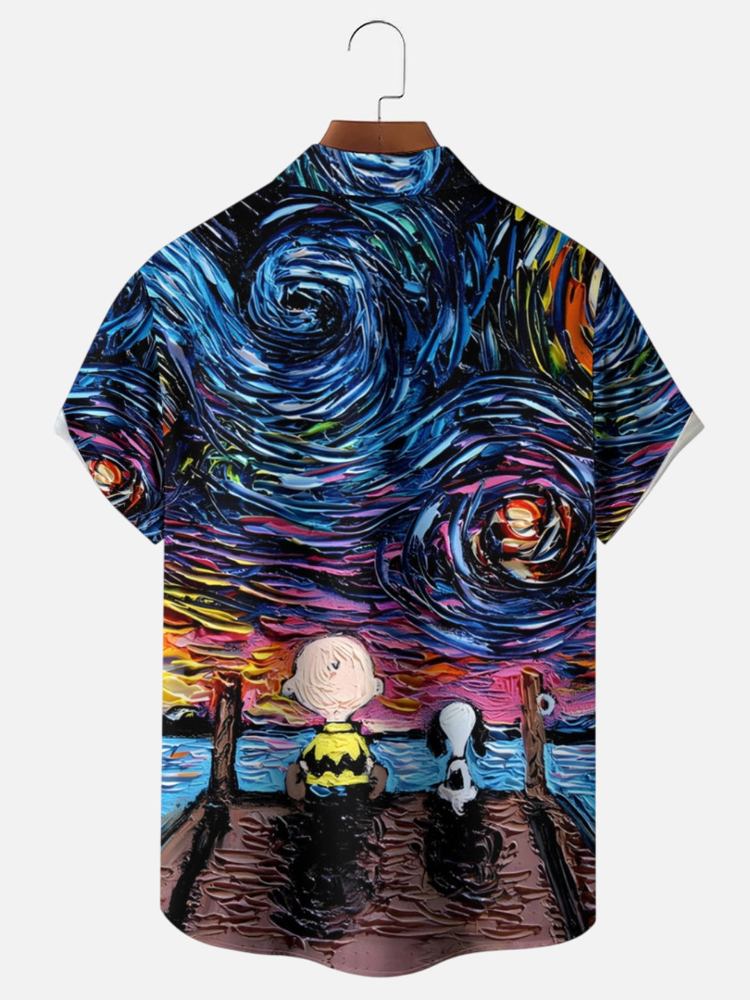 Starry Night Cartoon Character Print Hawaiian Short Sleeve Shirt