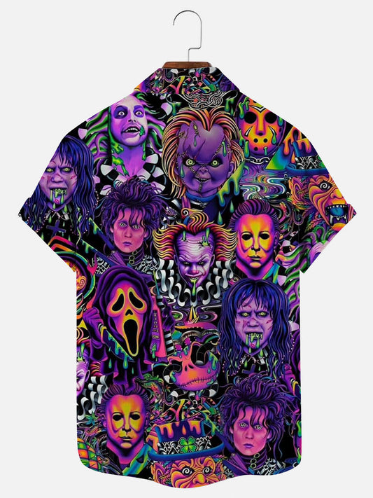 Men's Halloween Horror Movie Print Hawaiian Short Sleeve Shirt