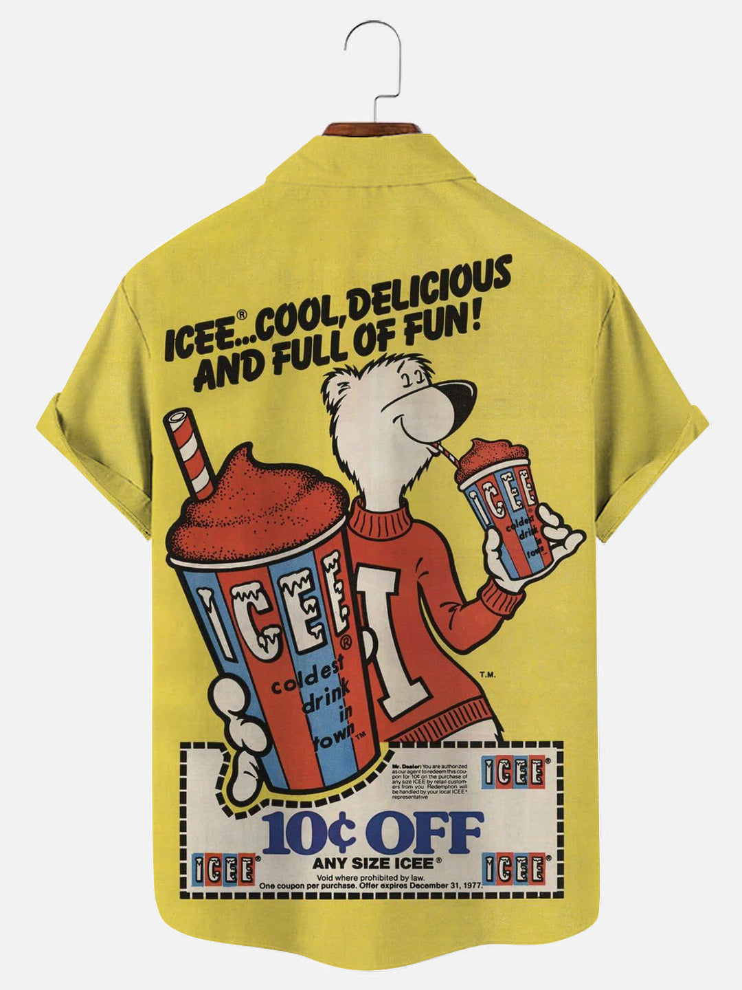 Men's Retro Cartoon Bear Cold Drink Poster Print Hawaiian Short Sleeve Shirt