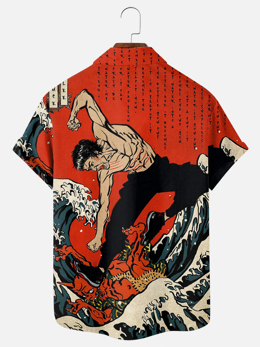 Men's Ukiyo-e Kung Fu Art Print Hawaiian Pocket Short Sleeve Shirt