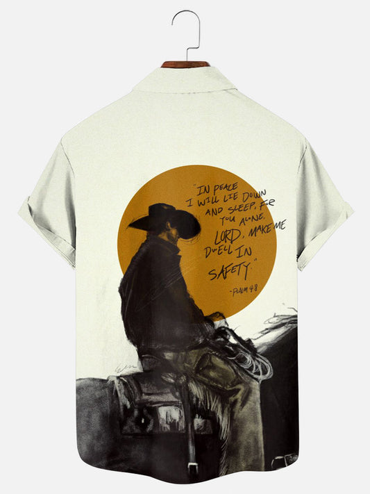 Men's Denim Bible Art Print Hawaiian Short Sleeve Pocket Shirt