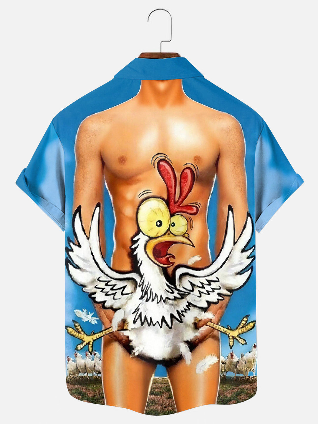 Men's Cartoon Chicken Fun Print Hawaiian Short Sleeve Pocket Shirt