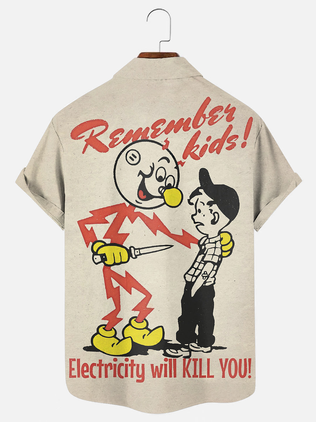 Men's 70's Vintage Electricity Warning Logo Pattern Print Hawaiian Short Sleeve Shirt