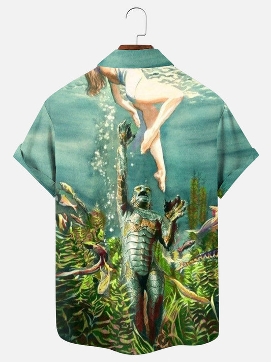 Men's Retro Horror Movie Print Hawaiian Short Sleeve Shirt