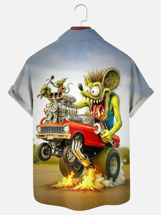 Men's Vintage Car Mouse Cartoon Print Hawaiian Chest Pocket Short Sleeve Shirt
