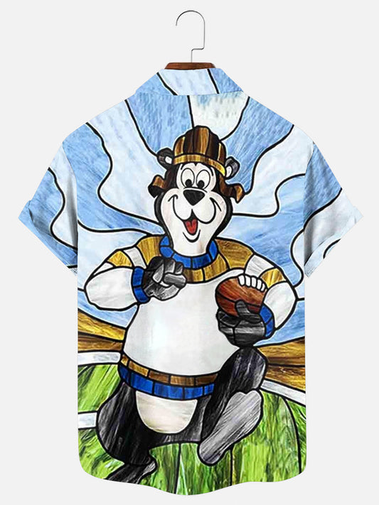 Men's Retro Cartoon Rugby Bear Stained Glass Print Hawaiian Short Sleeve Shirt