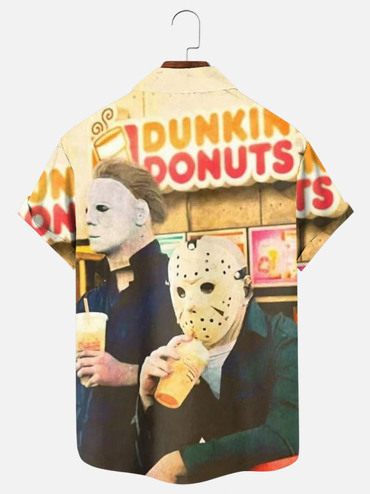 Men's Vintage Halloween Horror Movie Character Print Holiday Short Sleeve Shirt