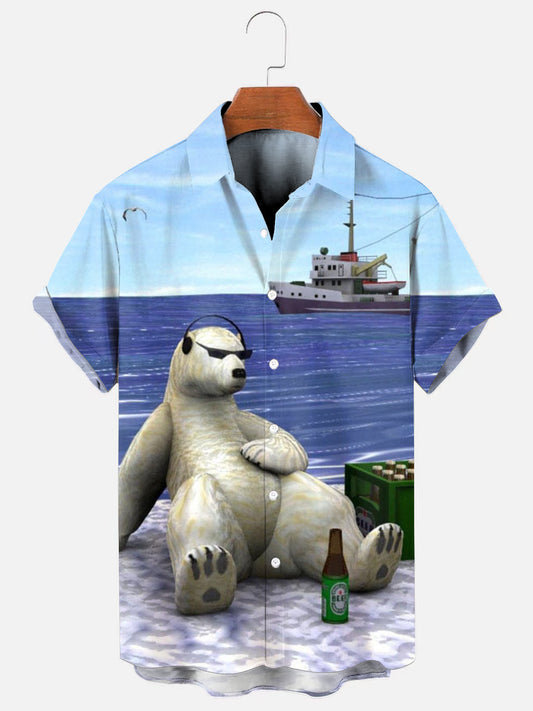 Men's Polar Bear Beer Print Hawaiian Short Sleeve Shirt