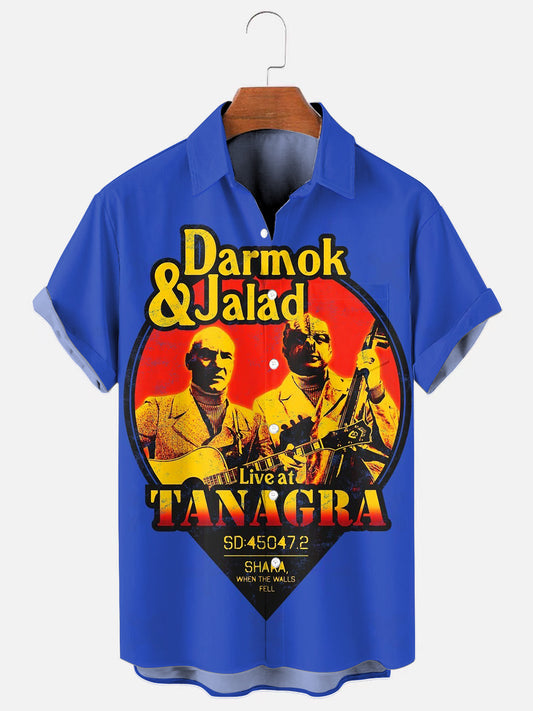 Men's Vintage TV Star Poster Print Casual Short Sleeve Pocket Shirt