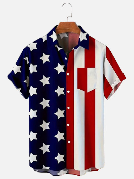 Men's Independence Day Flag Print Chest Pocket Short Sleeve Shirt