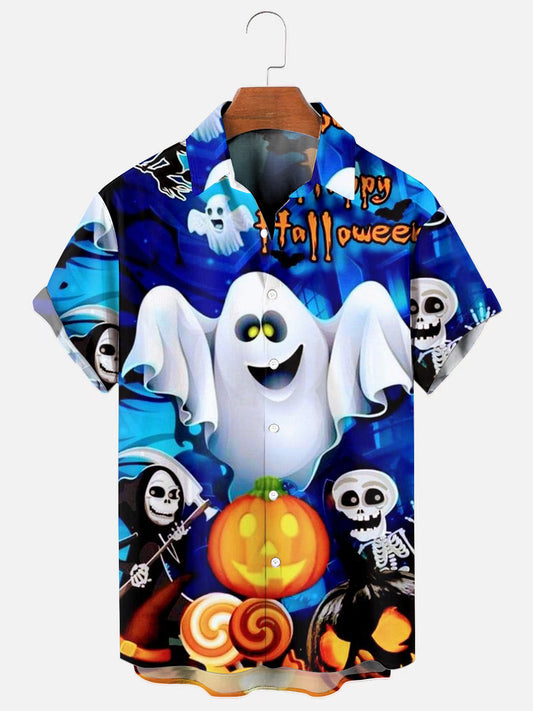 Men's Halloween Ghost Skull Cute Pumpkin Print Holiday Short Sleeve Shirt