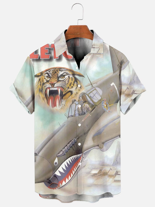 Men's Vintage Flying Tigers Fighter Print Hawaiian Short Sleeve Shirt