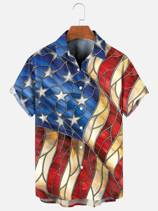 Men's Stained Glass American Flag Holiday Short Sleeve Shirt