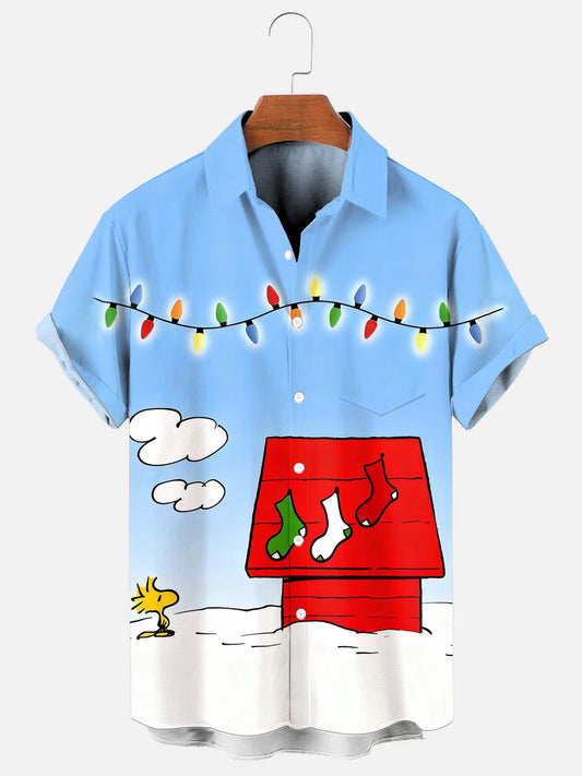 Men's Christmas Cartoon Print Holiday Pocket Short Sleeve Shirt