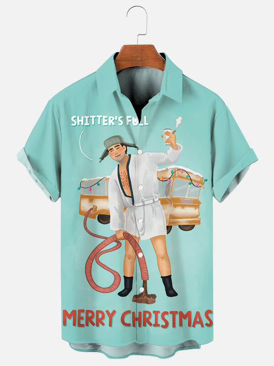 Men's Cousin Eddie Christmas Card Print Holiday Casual Short Sleeve Shirt