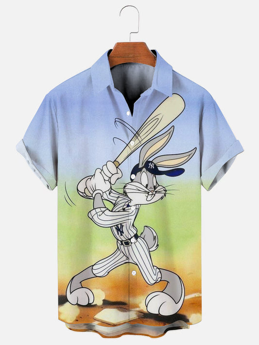 Men's Cartoon Baseball Bunny Print Hawaiian Short Sleeve Shirt