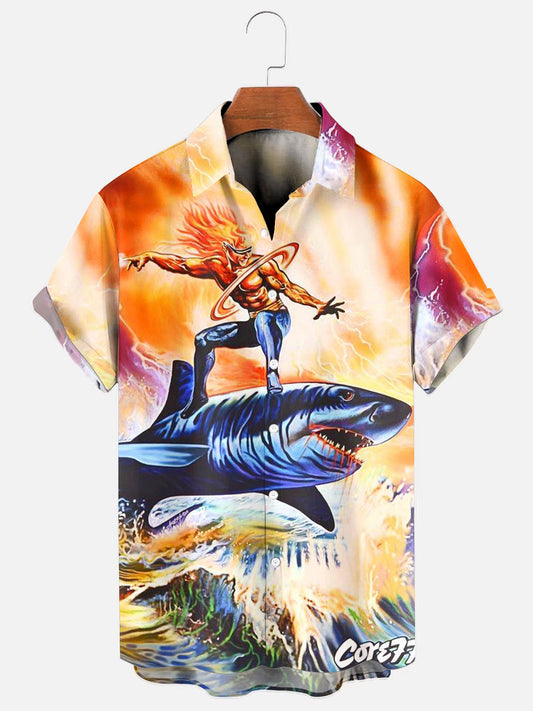 Men's Shark Rider Poster Print Hawaiian Short Sleeve Shirt