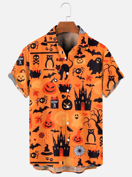 Men's Halloween Ghost Pumpkin Cat Print Holiday Short Sleeve Shirt