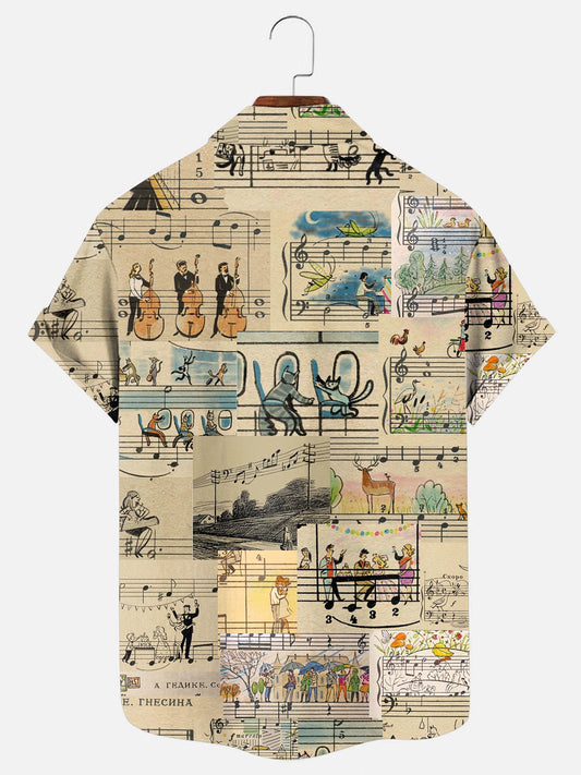 Men's Vintage Music Art Sheet Music Print Hawaiian Short Sleeve Pocket Shirt