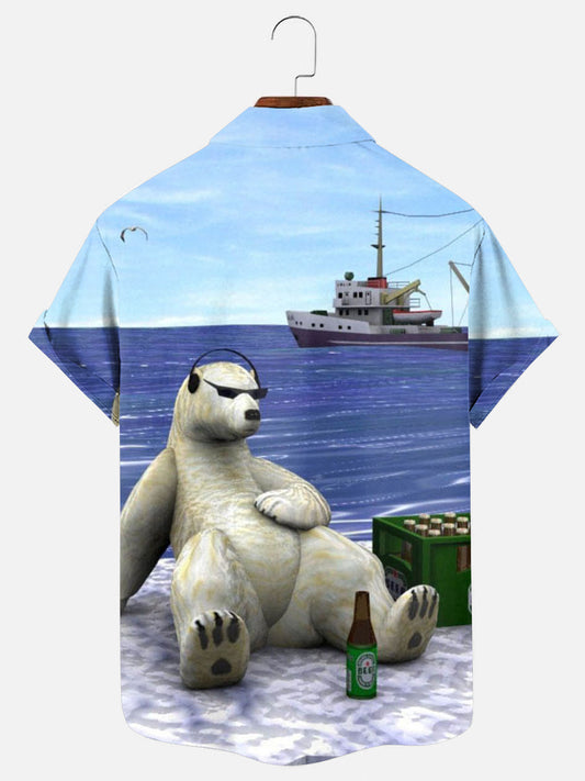 Men's Polar Bear Beer Print Hawaiian Short Sleeve Shirt