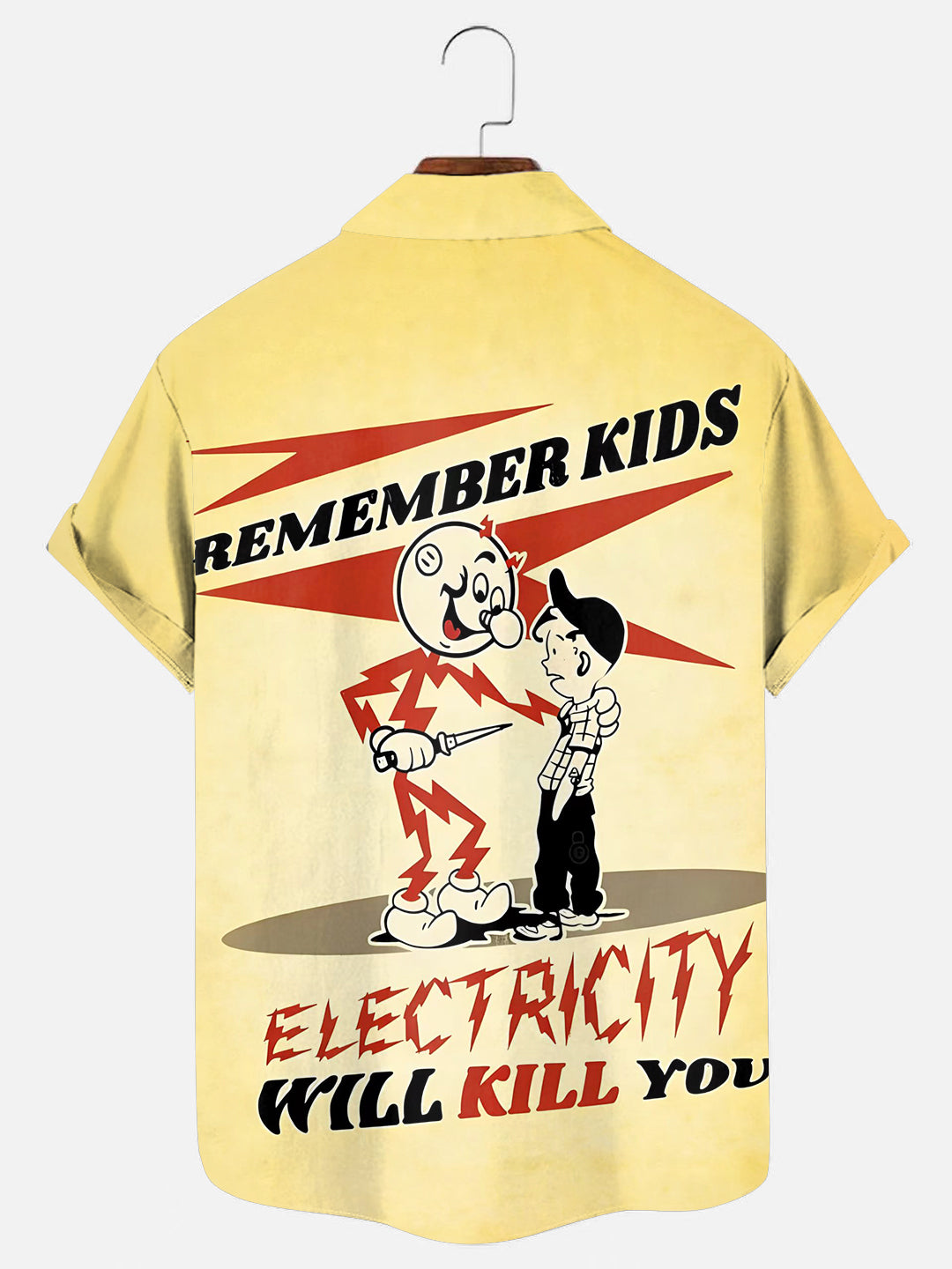 Men's 70s Vintage Electricity Warning Sign Poster Print Hawaiian Short Sleeve Pocket Shirt
