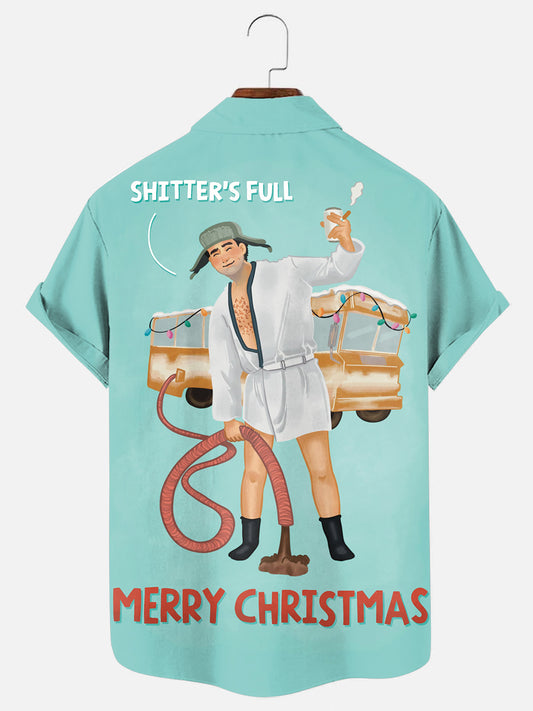 Men's Cousin Eddie Christmas Card Print Holiday Casual Short Sleeve Shirt