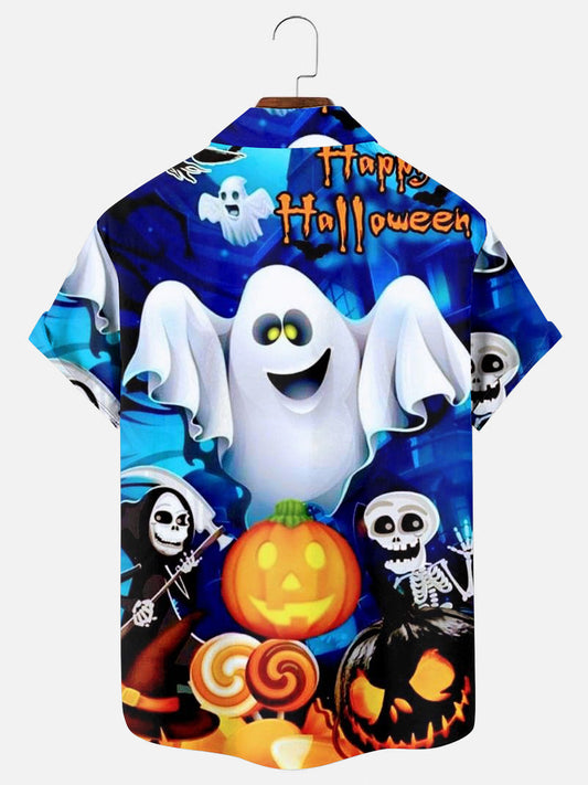Men's Halloween Ghost Skull Cute Pumpkin Print Holiday Short Sleeve Shirt