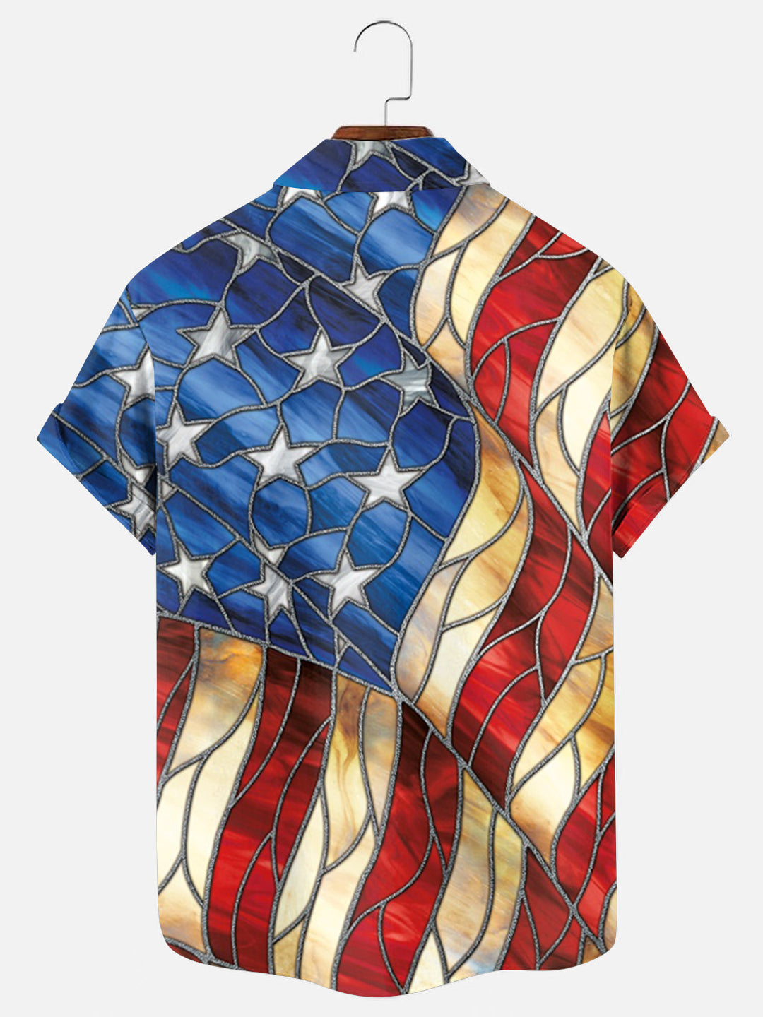 Men's Stained Glass American Flag Holiday Short Sleeve Shirt