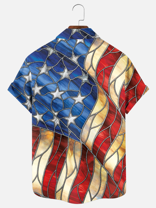 Men's Stained Glass American Flag Holiday Short Sleeve Shirt