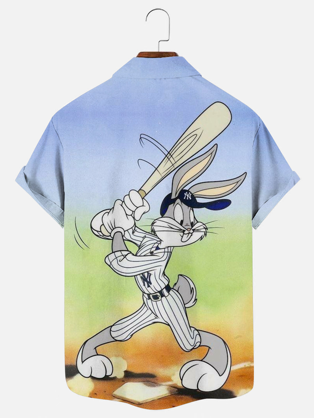 Men's Cartoon Baseball Bunny Print Hawaiian Short Sleeve Shirt