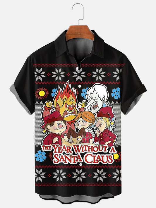 Men's Christmas Cartoon Ugly Sweater Print Holiday Short Sleeve Shirt